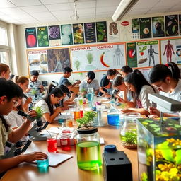 A vibrant and engaging biology classroom filled with students conducting various experiments and practical activities