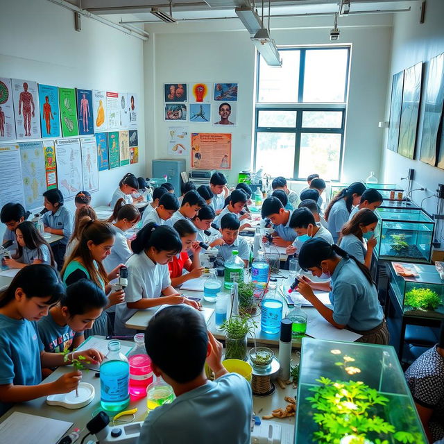 A vibrant and engaging biology classroom filled with students conducting various experiments and practical activities