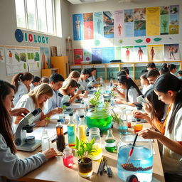 A vibrant and engaging biology classroom filled with students conducting various experiments and practical activities