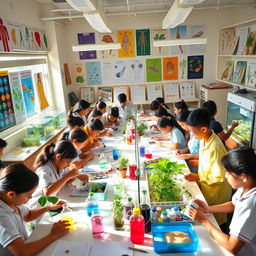 A vibrant and engaging biology classroom filled with students conducting various experiments and practical activities