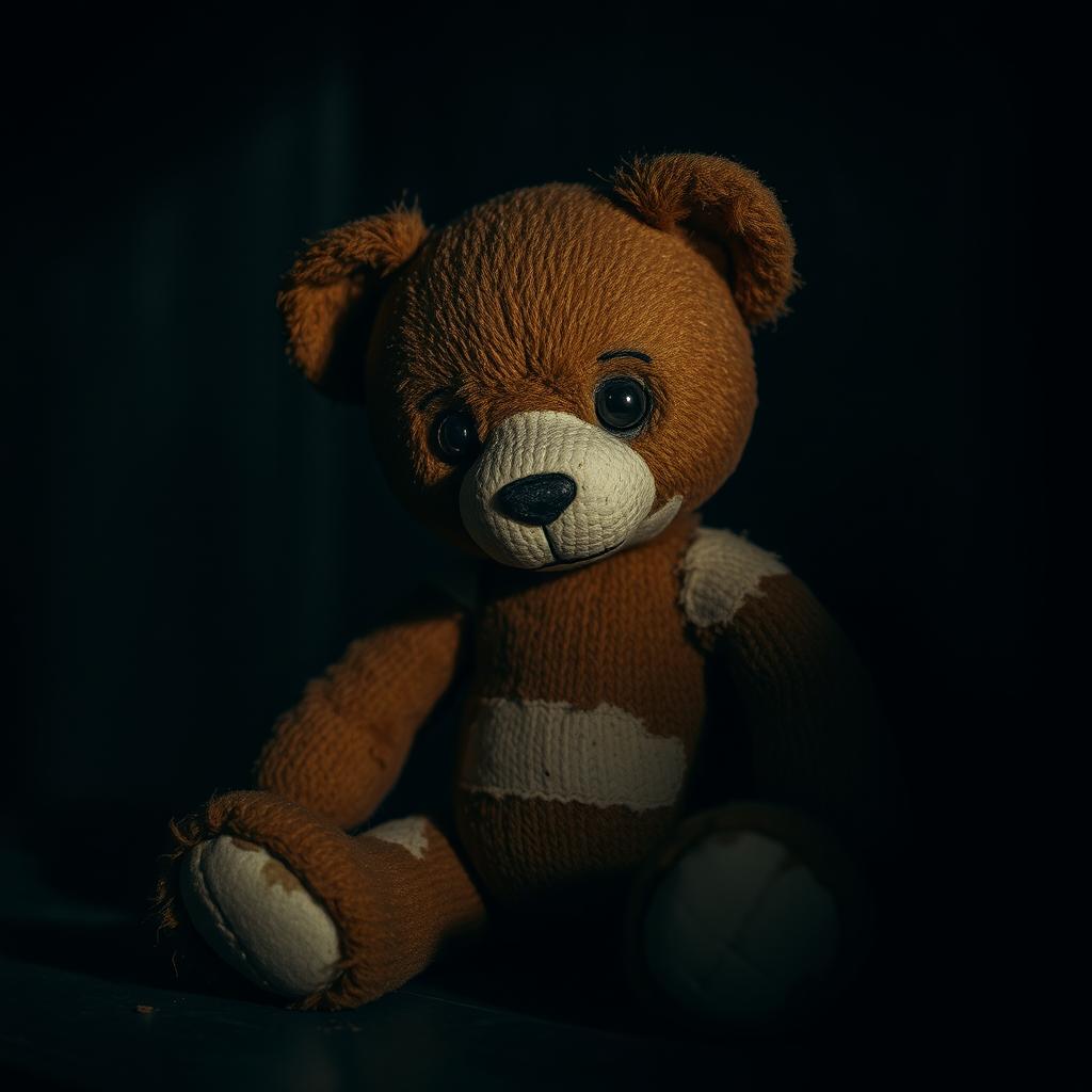 A small, slightly damaged teddy bear with a worn-out texture, sitting in a dark, moody environment