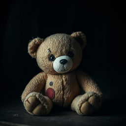 A small, slightly damaged teddy bear with a worn-out texture, sitting in a dark, moody environment