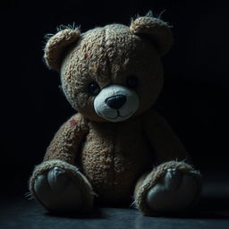 A small, slightly damaged teddy bear with a worn-out texture, sitting in a dark, moody environment