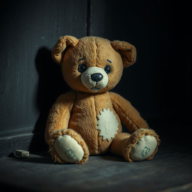 A small, slightly damaged teddy bear with a worn-out texture, sitting in a dark, moody environment