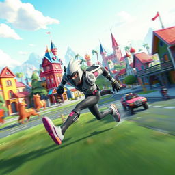 A dynamic scene of a speedy XLR8 character running through a vibrant Fortnite cityscape, showcasing colorful buildings, whimsical architecture, and vibrant landscapes
