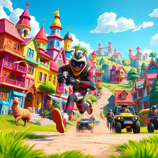 A dynamic scene of a speedy XLR8 character running through a vibrant Fortnite cityscape, showcasing colorful buildings, whimsical architecture, and vibrant landscapes