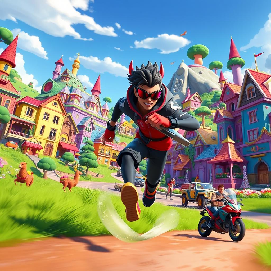 A dynamic scene of a speedy XLR8 character running through a vibrant Fortnite cityscape, showcasing colorful buildings, whimsical architecture, and vibrant landscapes