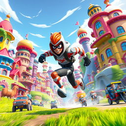 A dynamic scene of a speedy XLR8 character running through a vibrant Fortnite cityscape, showcasing colorful buildings, whimsical architecture, and vibrant landscapes
