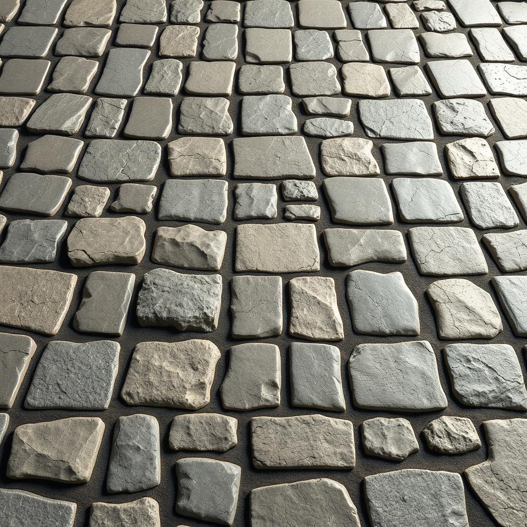 A highly detailed graphic of a stone floor, featuring various shades of gray and beige stones arranged in a classic cobblestone pattern