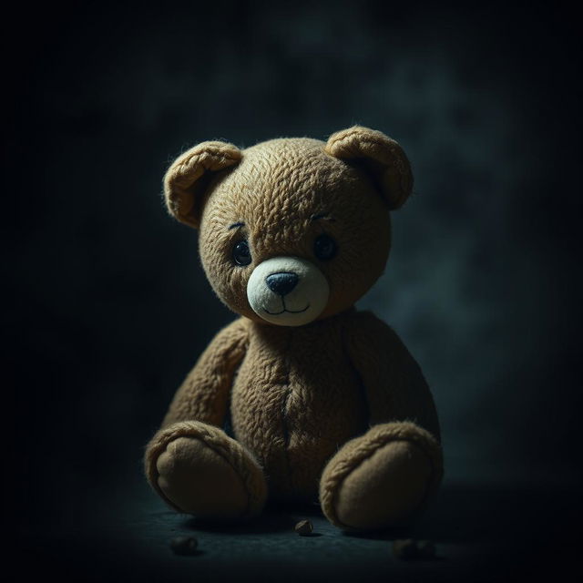 A small, slightly damaged teddy bear surrounded by a dark, moody atmosphere