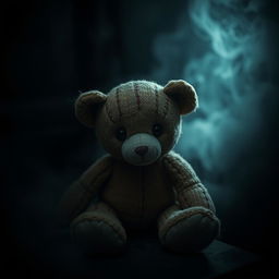 A small, slightly damaged teddy bear surrounded by a dark, moody atmosphere