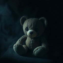 A small, slightly damaged teddy bear surrounded by a dark, moody atmosphere