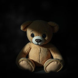 A small, slightly damaged teddy bear surrounded by a dark, moody atmosphere