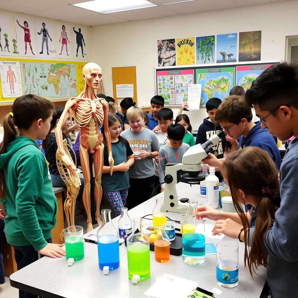 A lively biology classroom filled with students engaged in various interactive activities