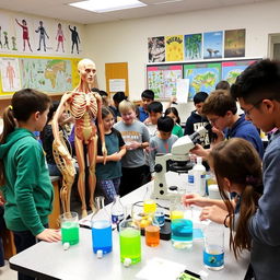 A lively biology classroom filled with students engaged in various interactive activities