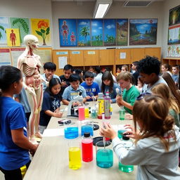 A lively biology classroom filled with students engaged in various interactive activities