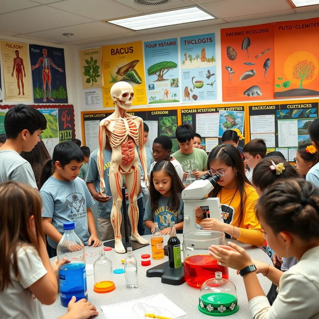 A lively biology classroom filled with students engaged in various interactive activities