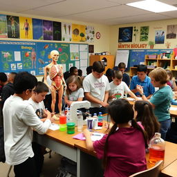 A lively biology classroom filled with students engaged in various interactive activities