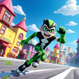 A vibrant scene featuring XLR8 from the Ben 10 series sprinting through a colorful, dynamic Fortnite city