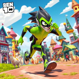 A vibrant scene featuring XLR8 from the Ben 10 series sprinting through a colorful, dynamic Fortnite city