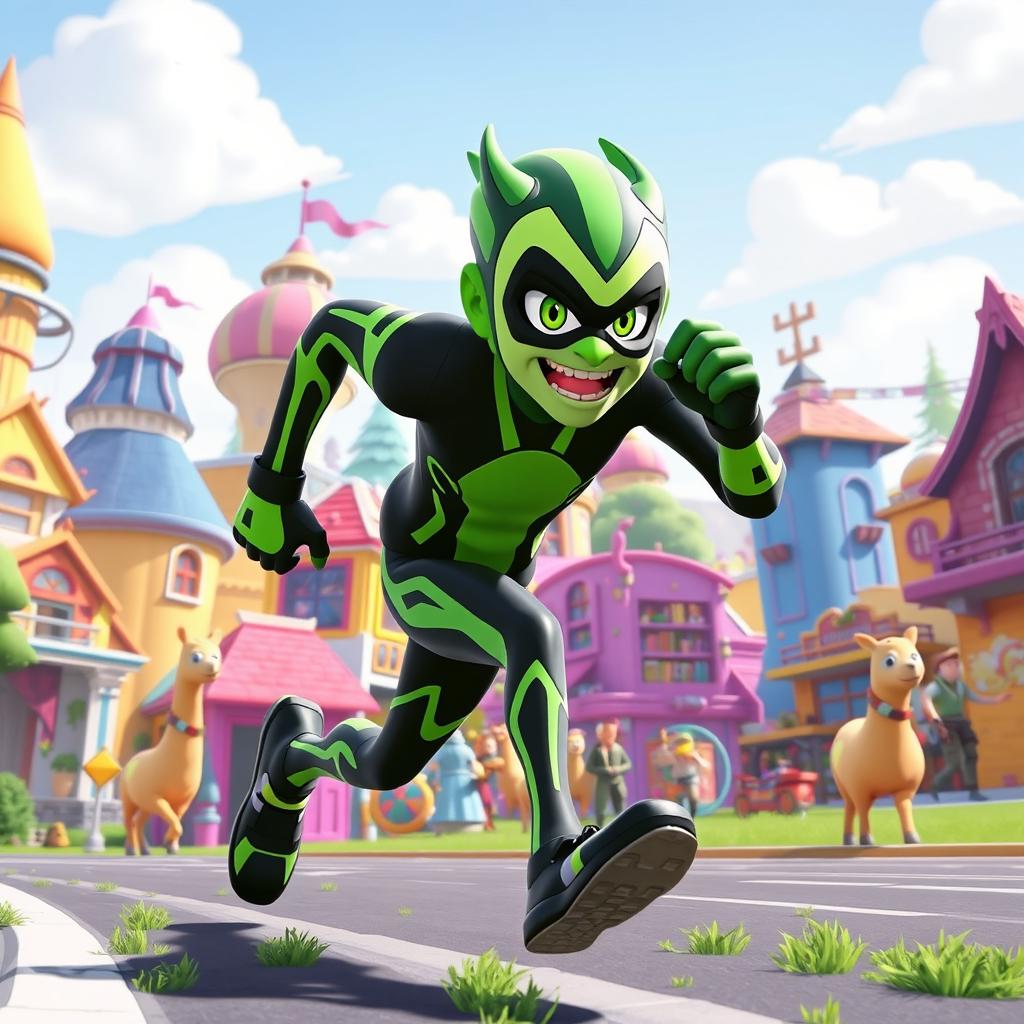 A vibrant scene featuring XLR8 from the Ben 10 series sprinting through a colorful, dynamic Fortnite city