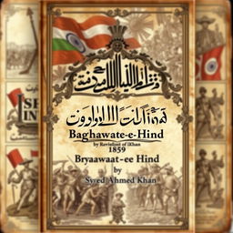 A captivating book cover titled 'Baghawat-e-Hind', authored by Syed Ahmad Khan, published in the year 1859