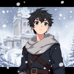 A 20-year-old white male with black hair standing near a grand castle in a winter setting