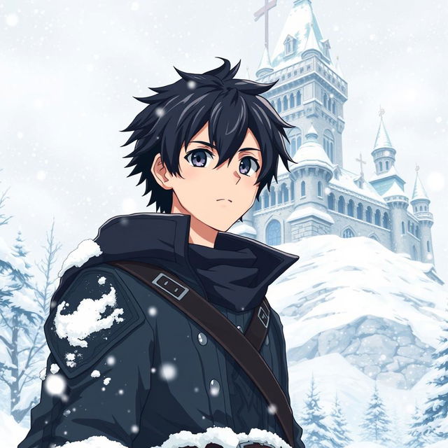 A 20-year-old white male with black hair standing near a grand castle in a winter setting