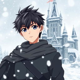 A 20-year-old white male with black hair standing near a grand castle in a winter setting