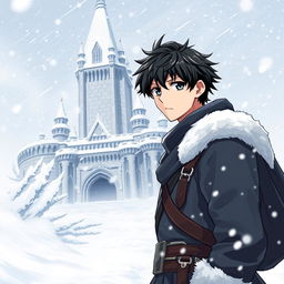 A 20-year-old white male with black hair standing near a grand castle in a winter setting
