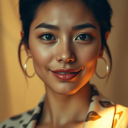 A serene portrait of a person with closed lips, exuding a calm and contemplative aura