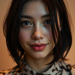 A serene portrait of a person with closed lips, exuding a calm and contemplative aura