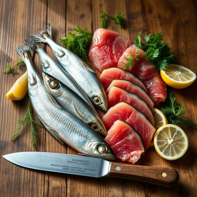 A visually appealing arrangement of sprats and tuna placed on a rustic wooden table