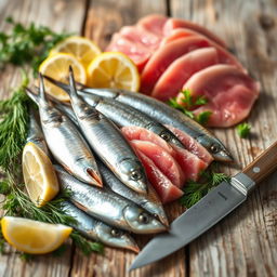 A visually appealing arrangement of sprats and tuna placed on a rustic wooden table