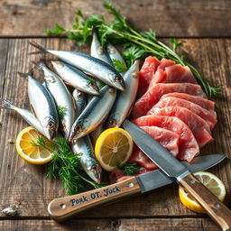 A visually appealing arrangement of sprats and tuna placed on a rustic wooden table