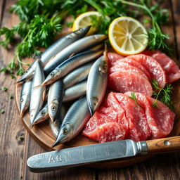A visually appealing arrangement of sprats and tuna placed on a rustic wooden table