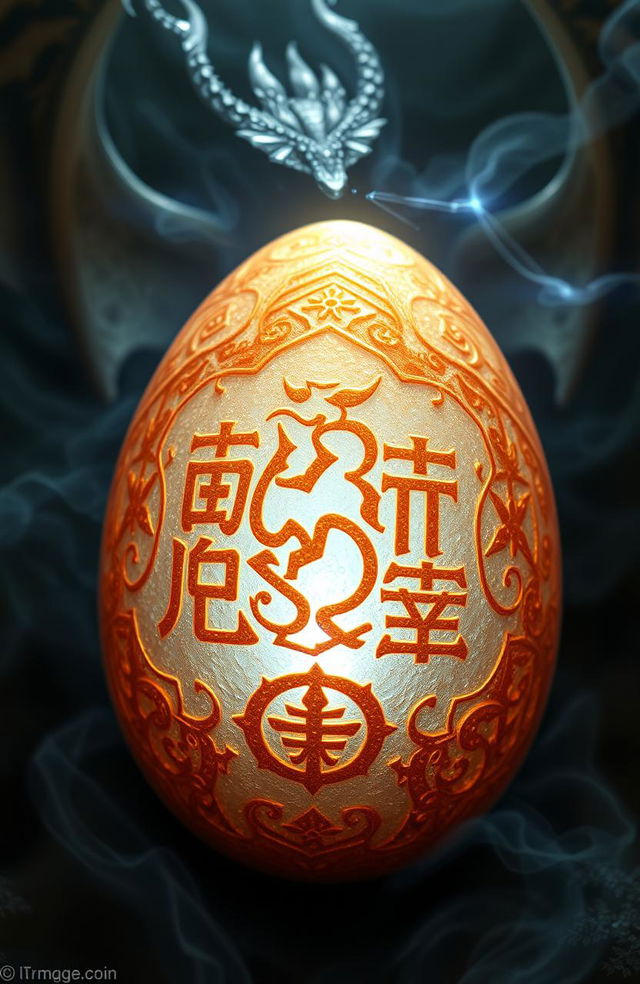 A close-up of a glowing dragon egg with shimmering ancient symbols etched on its surface