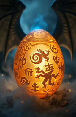 A close-up of a glowing dragon egg with shimmering ancient symbols etched on its surface