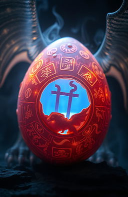 A close-up of a glowing dragon egg with shimmering ancient symbols etched on its surface