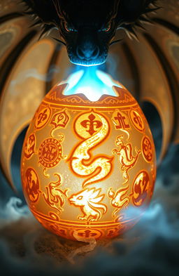 A close-up of a glowing dragon egg with shimmering ancient symbols etched on its surface