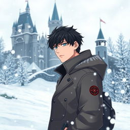 A 20-year-old white male with black hair standing beside a majestic castle in a wintry landscape, surrounded by swirling snow from a fierce blizzard