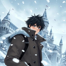 A 20-year-old white male with black hair standing beside a majestic castle in a wintry landscape, surrounded by swirling snow from a fierce blizzard