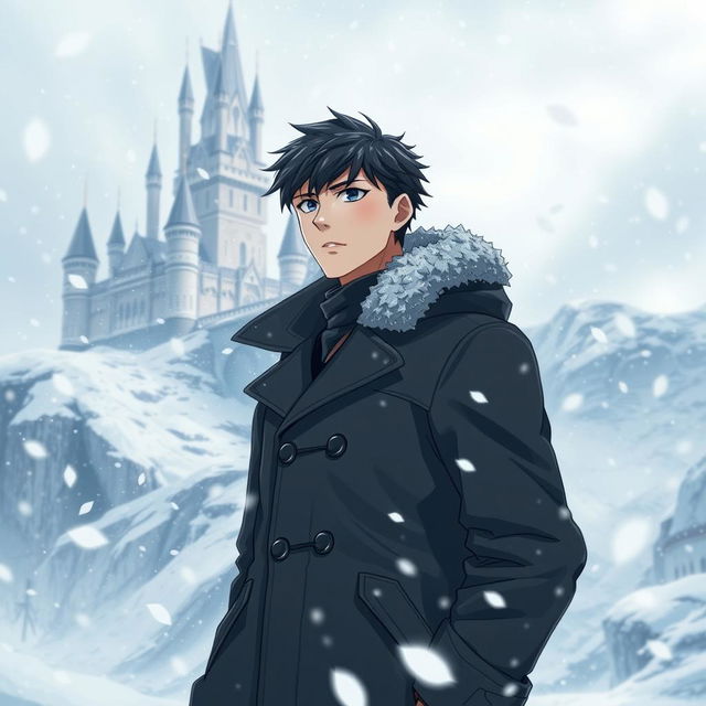 A 20-year-old white male with black hair standing beside a majestic castle in a wintry landscape, surrounded by swirling snow from a fierce blizzard