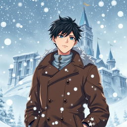 A 20-year-old white male with black hair standing beside a majestic castle in a wintry landscape, surrounded by swirling snow from a fierce blizzard