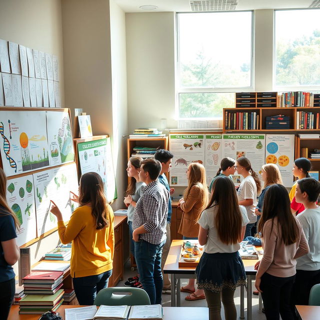 A classroom scene featuring students engaged in biology projects and presentations