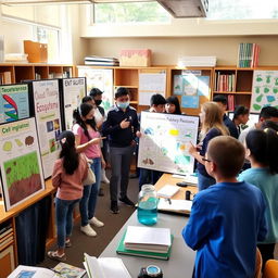 A classroom scene featuring students engaged in biology projects and presentations