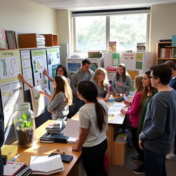 A classroom scene featuring students engaged in biology projects and presentations