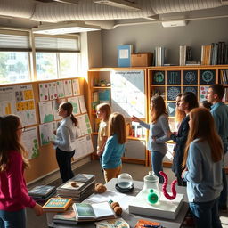 A classroom scene featuring students engaged in biology projects and presentations