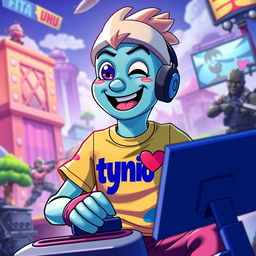 A humanoid sprat character engaged in playing Fortnite, displaying a playful and animated expression
