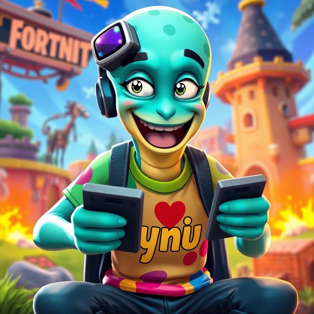 A humanoid sprat character engaged in playing Fortnite, displaying a playful and animated expression